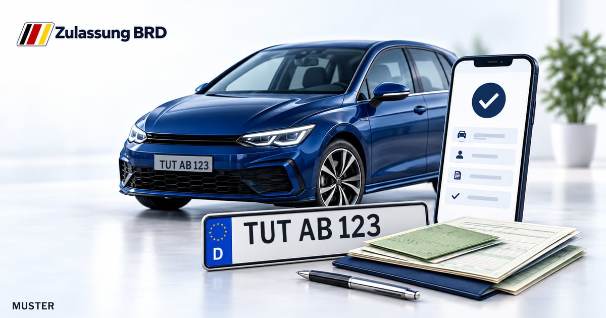 Online Fahrzeugzulassung in Landkreis Tuttlingen: Musterkennzeichen TUT AB 123, Auto und Fahrzeugpapiere und Smartphone. Illustration mit Logo von Zulassung BRD.